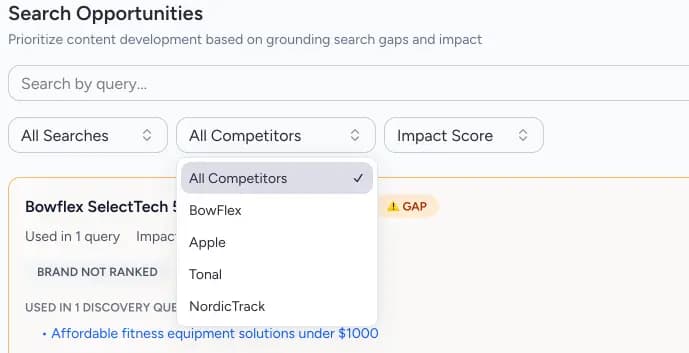 Screenshot of competitor filter