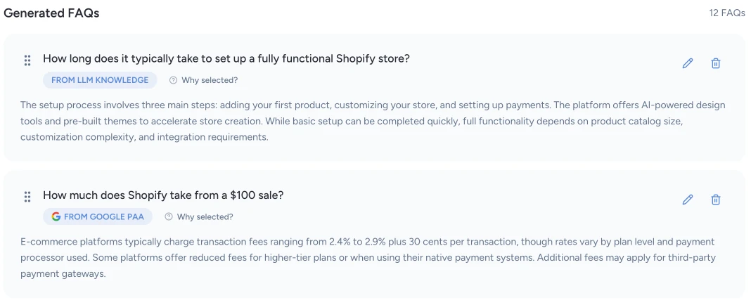 FAQ Generator dashboard showing AI-optimized question and answer generation